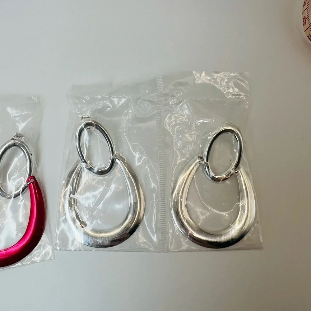 Vintage Avon Teardrop Drop Earrings Red & Silver Tone NOS - set of 2